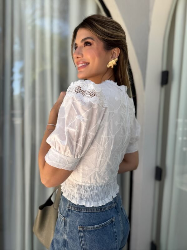 Blusa Cropped Laise Lastex Manga Bufante