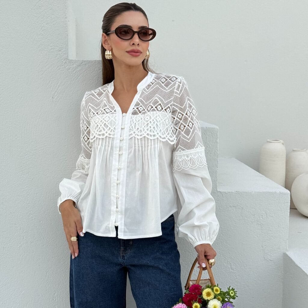 Camisa Laise Manga Longa com Renda Branca