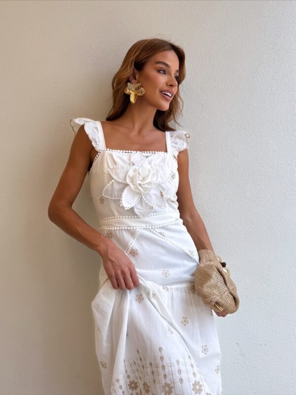 Vestido Longo Laise Floral Branco com Babado