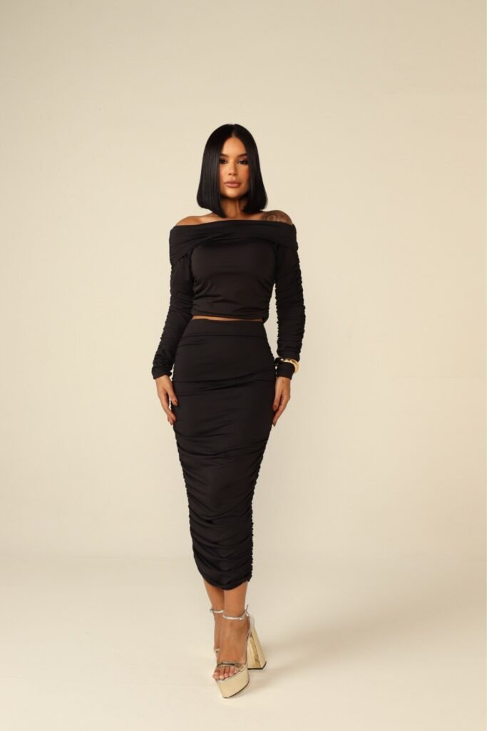 Conjunto Saia Midi e Cropped Franzido Ana Luiza