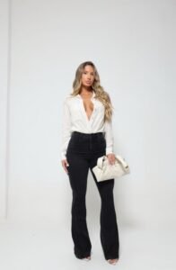 Calca Flare Jeans Preto Estonado