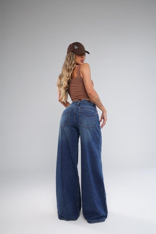 Calca Palazzo Jeans Escuro