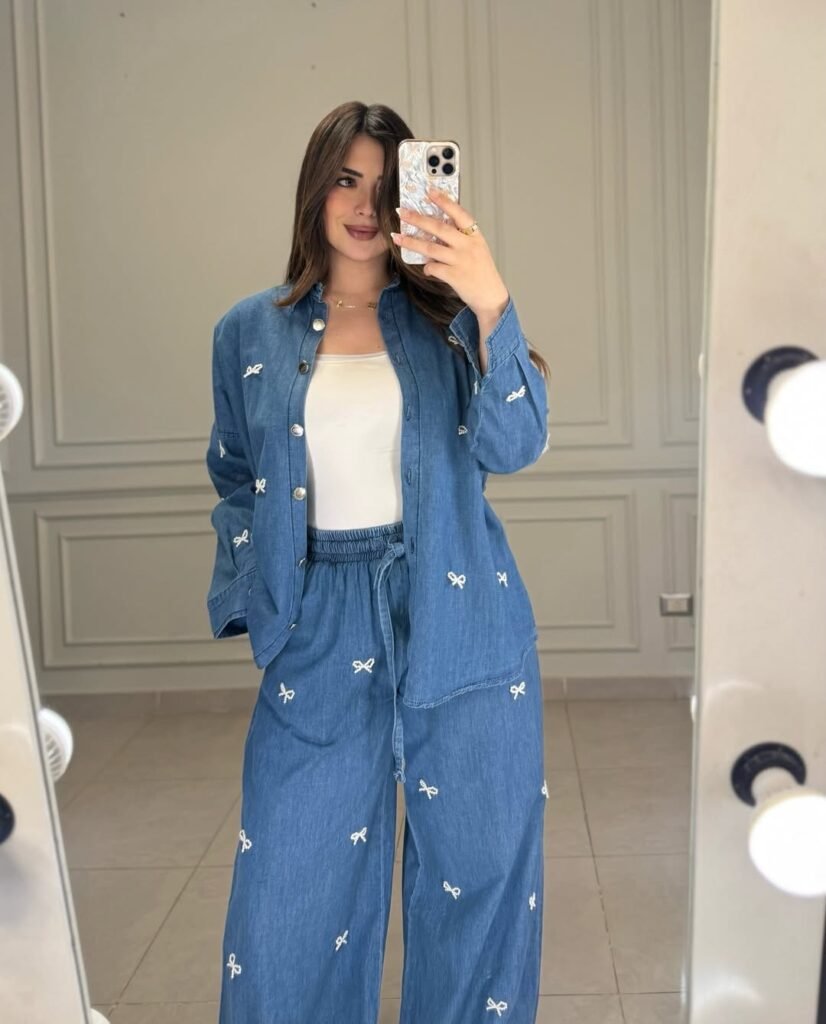 Conjunto Pantalona Jeans com Pérolas