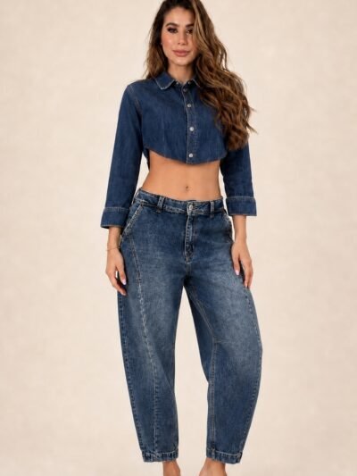 Calça Barrel Jeans Escura - frente