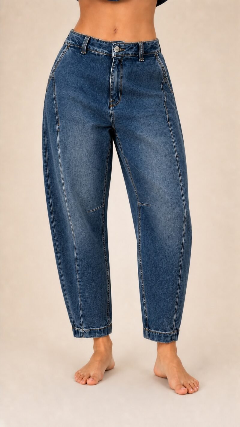 Calça Barrel Jeans Escura - detalhe do recorte e da lavagem