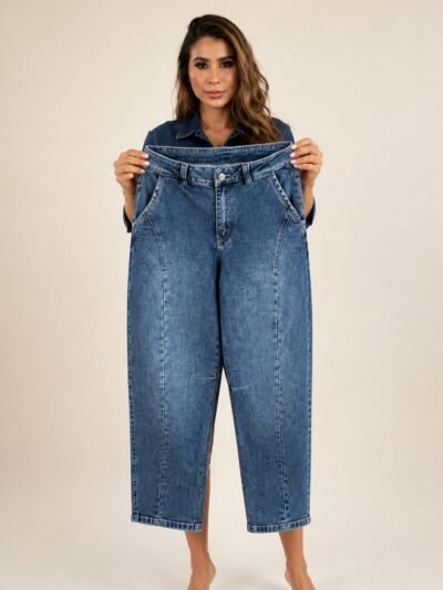 Calça Barrel Jeans Escura - modelagem barrel