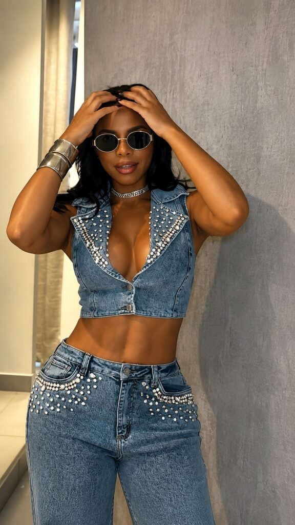 Conjunto Jeans Calça + Cropped com Pedrarias