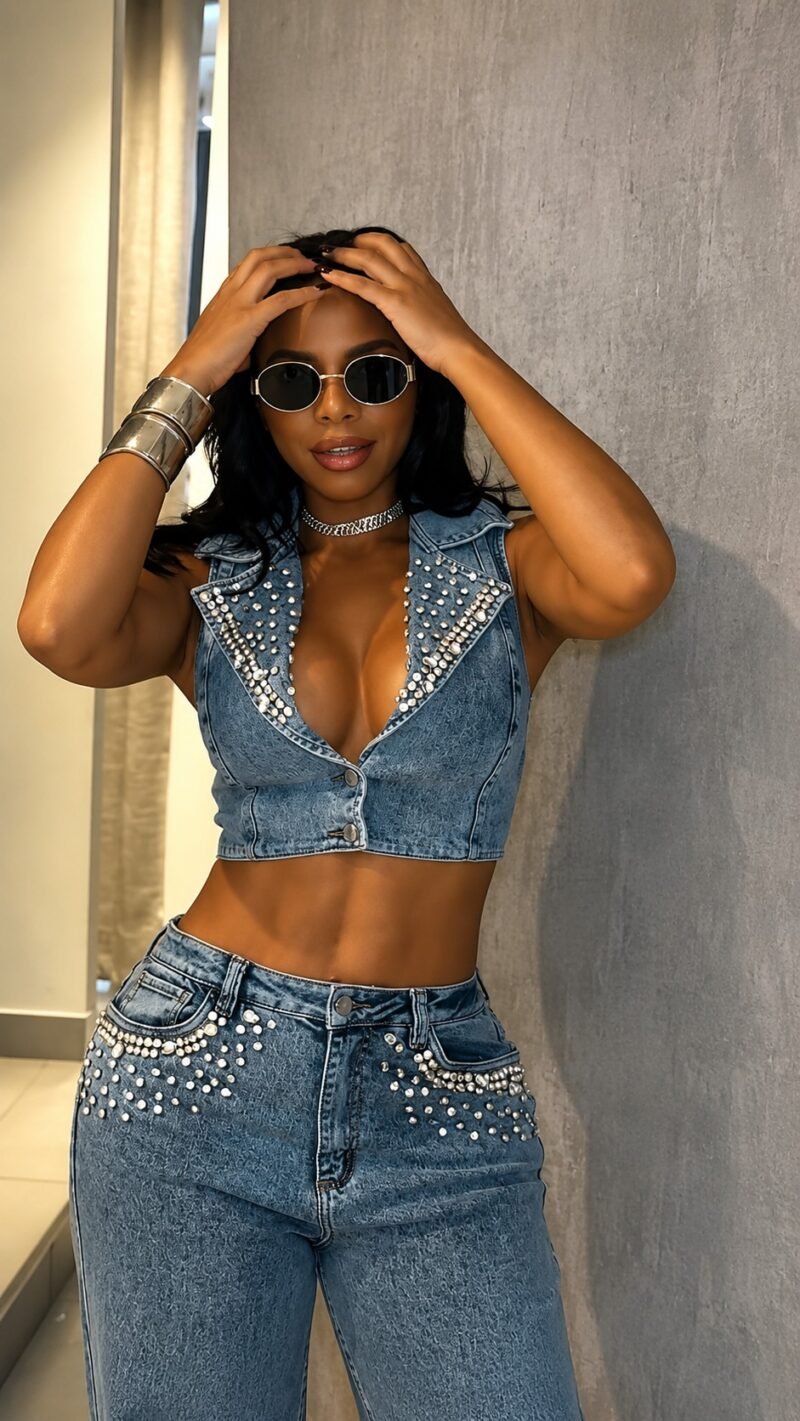 Conjunto Jeans Calça + Cropped com Pedrarias