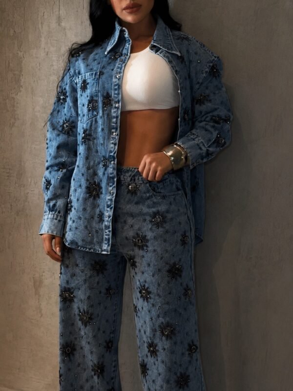 Conjunto Jeans Camisa e Calça Bordado Shine