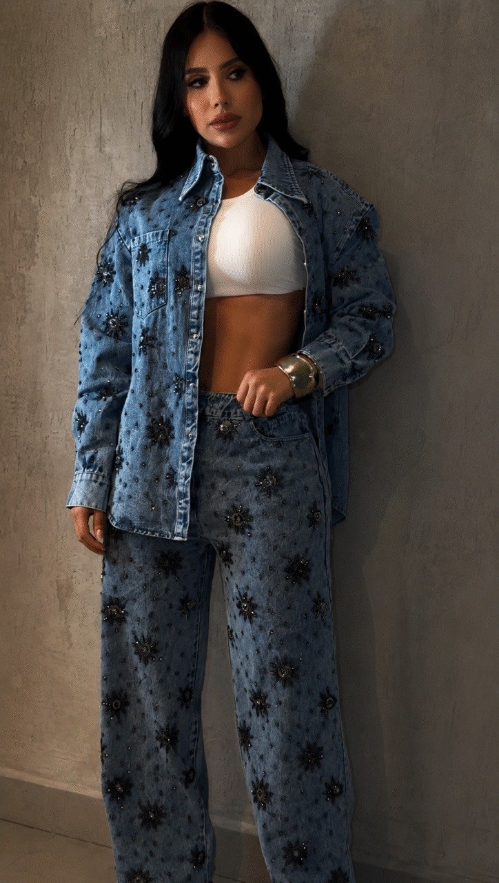 Conjunto Jeans Camisa e Calça Bordado Shine