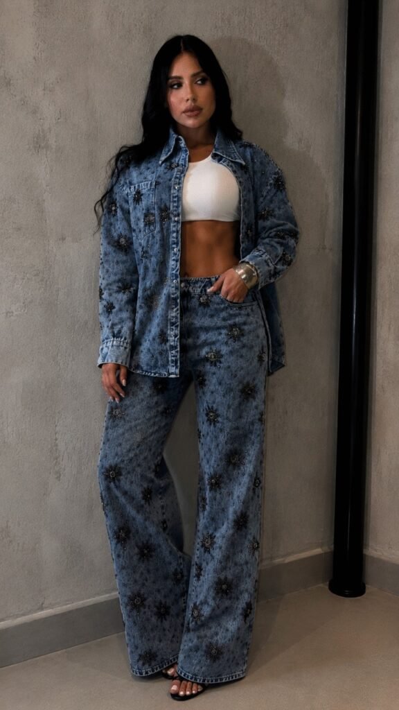 Conjunto Jeans Camisa e Calça Bordado Shine