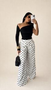 Calça Pantalona Amalfi Poá - Branco e Preto