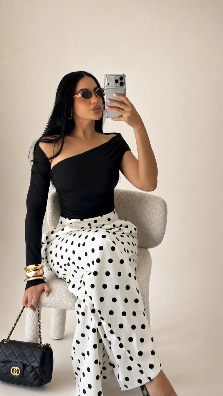 Calça Pantalona Amalfi Poá - Branco e Preto