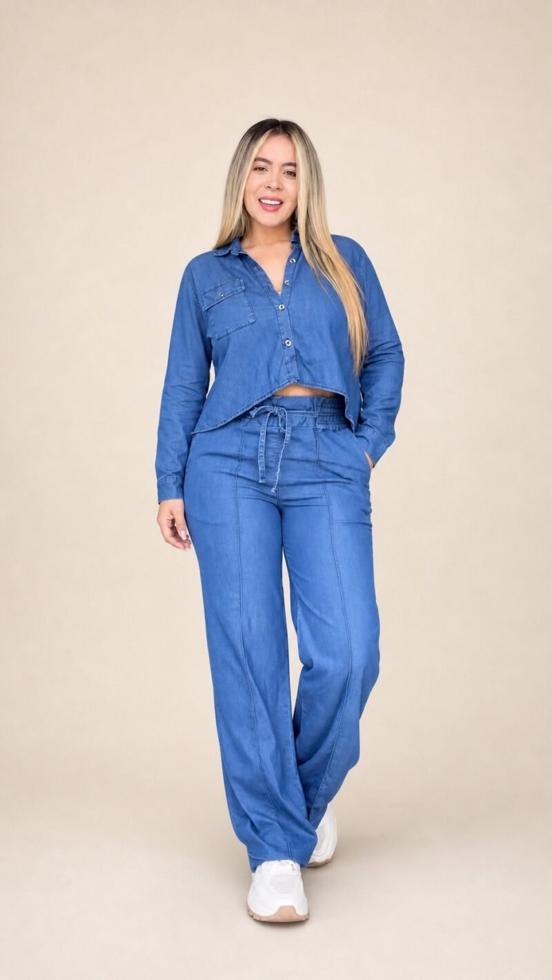 Conjunto jeans camisa cropped e calça wide leg de cintura alta com amarração
