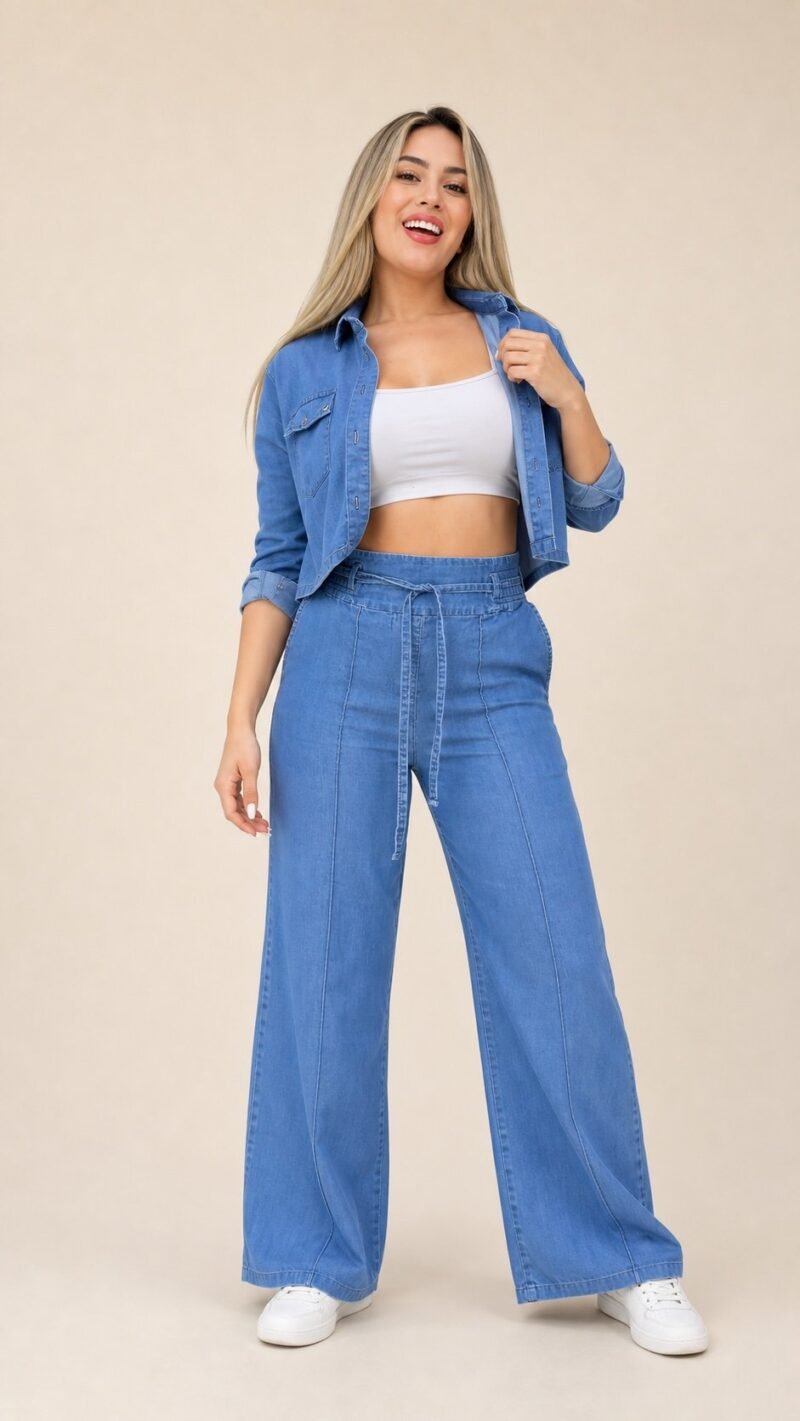 Camisa cropped jeans aberta por cima de top branco com calça wide leg