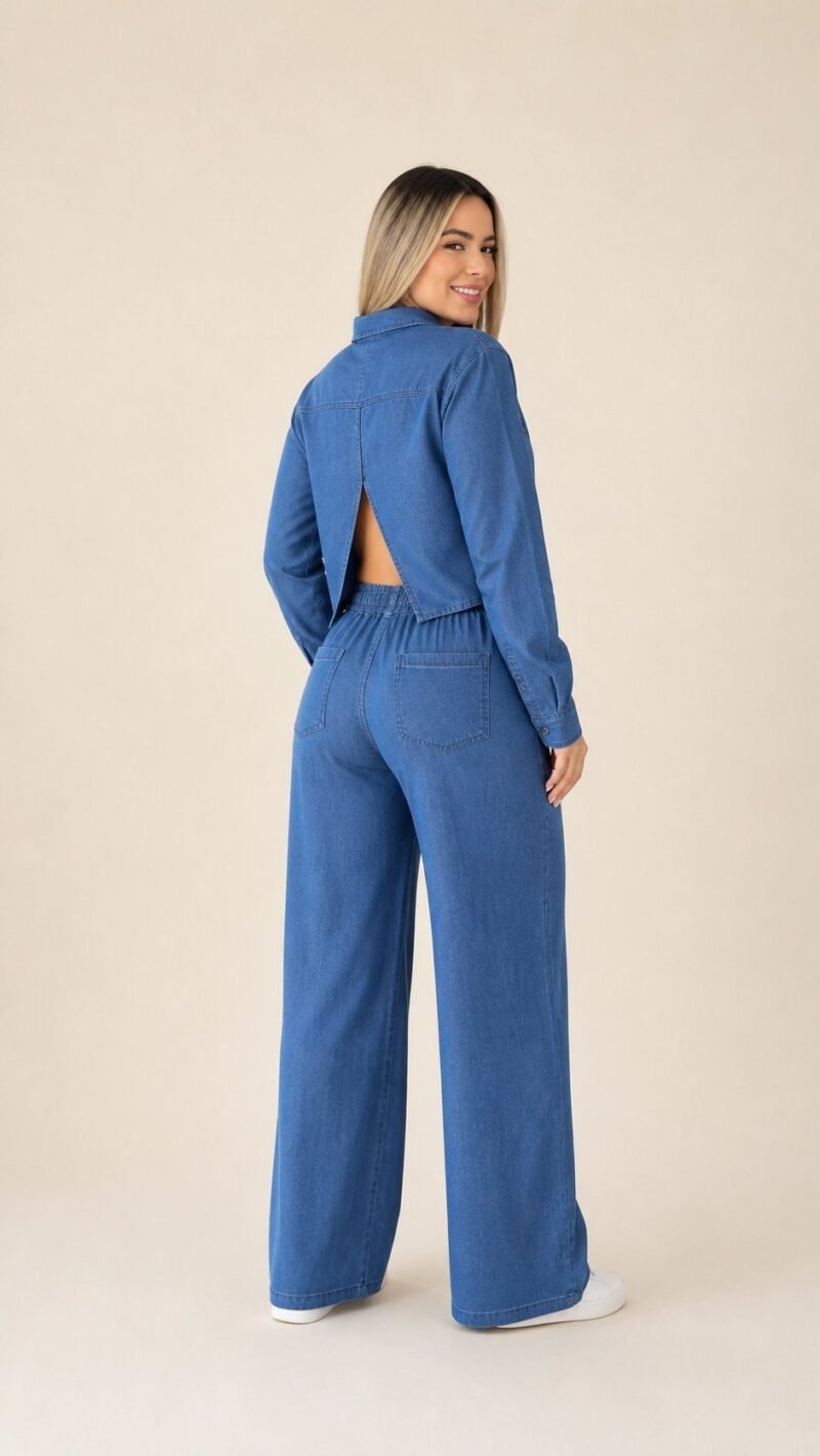 Costas do conjunto jeans mostrando a fenda da camisa e o bolso da calça