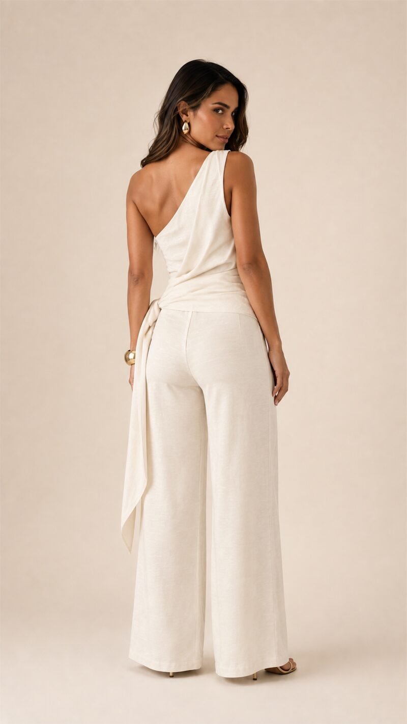Conjunto multiforme off white visto de costas com faixa assimétrica e amarração lateral