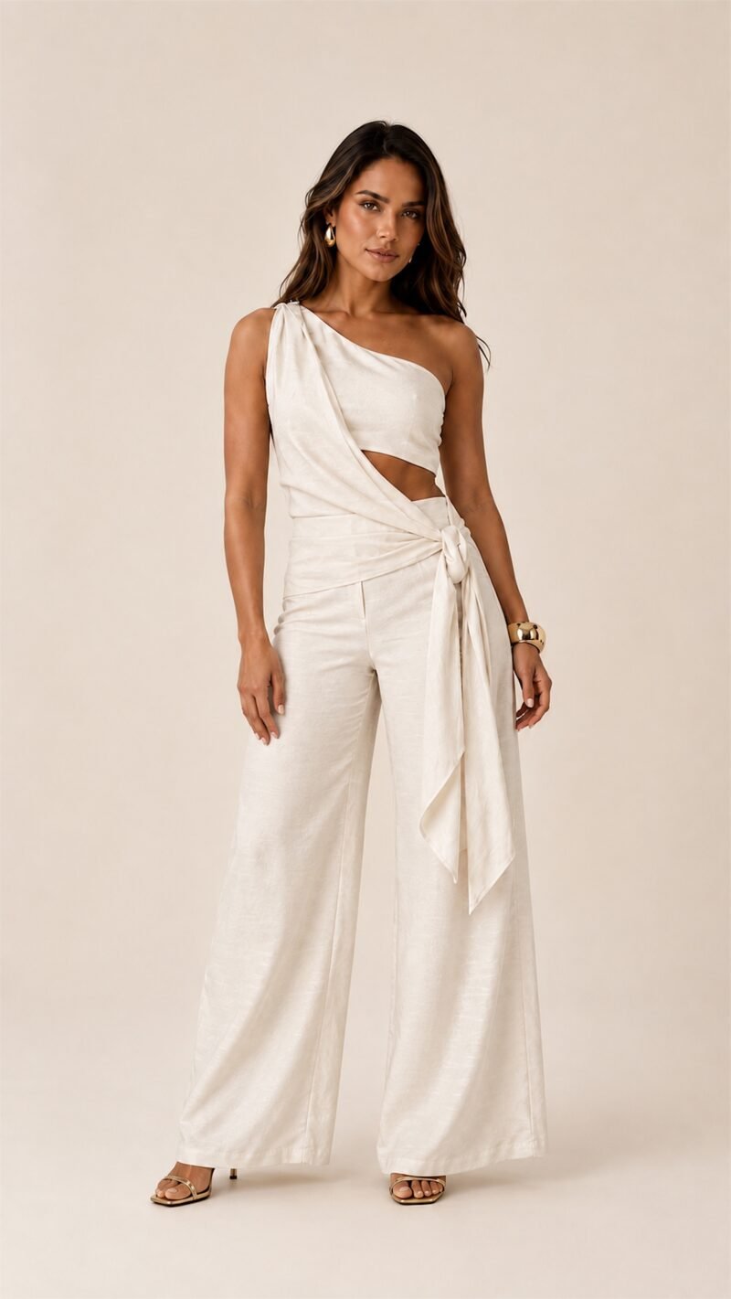 Conjunto multiforme off white com faixa de um ombro e nó lateral