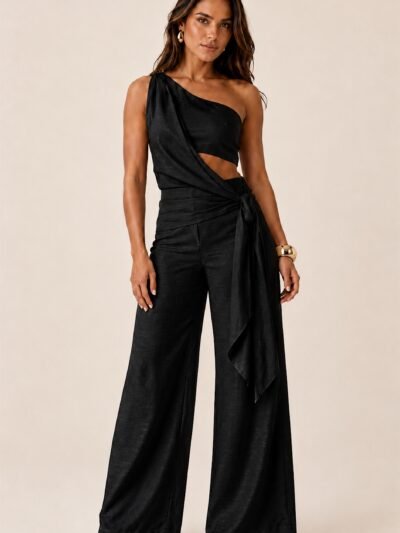 Conjunto multiforme preto com top assimétrico e calça pantalona - frente