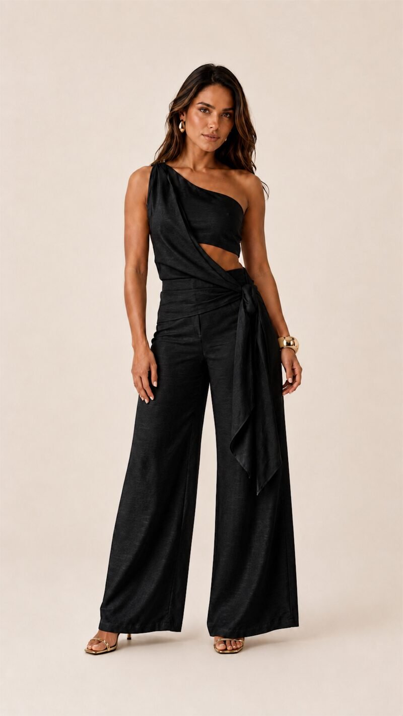 Conjunto multiforme preto com top assimétrico e calça pantalona - frente