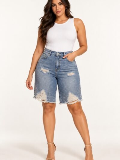 Bermuda Jeans Cravejada de Cristais — frente na modelo