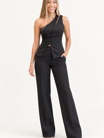 Conjunto Preto de Um Ombro com Botões e Calça Pantalona — frente