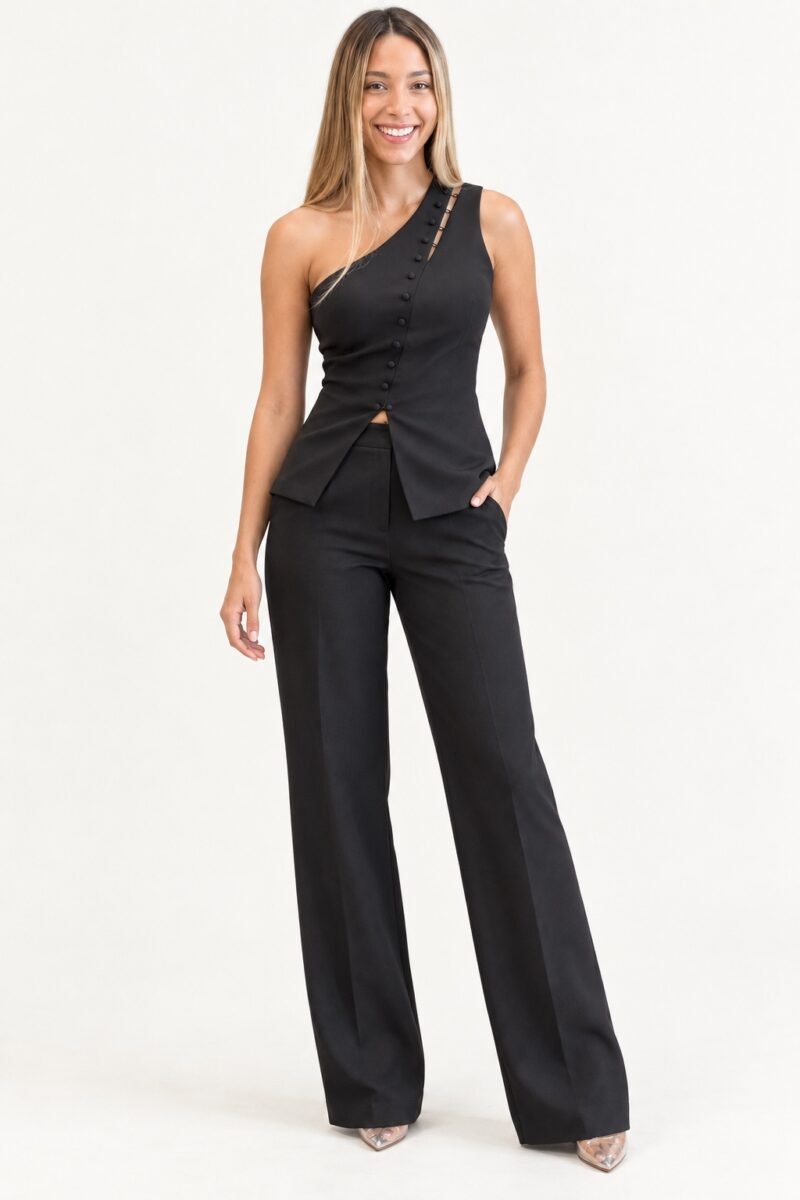 Conjunto Preto de Um Ombro com Botões e Calça Pantalona — frente
