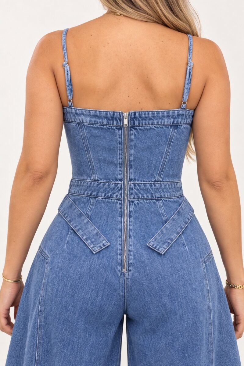 Macacão Jeans de Alcinhas Wide Leg — detalhe do zíper e alças