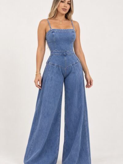Macacão Jeans de Alcinhas Wide Leg — frente