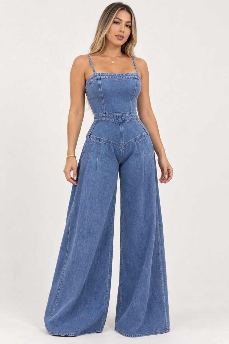 Macacão Jeans de Alcinhas Wide Leg — frente