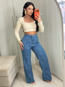 Calça Wide Leg Estampada Azul