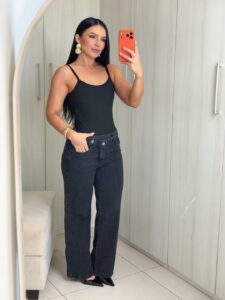 Calça Wide Leg Jeans Escura Reta