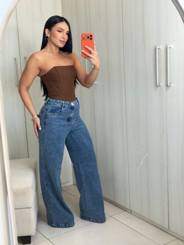 Calça Wide Leg Jeans Médio Reta
