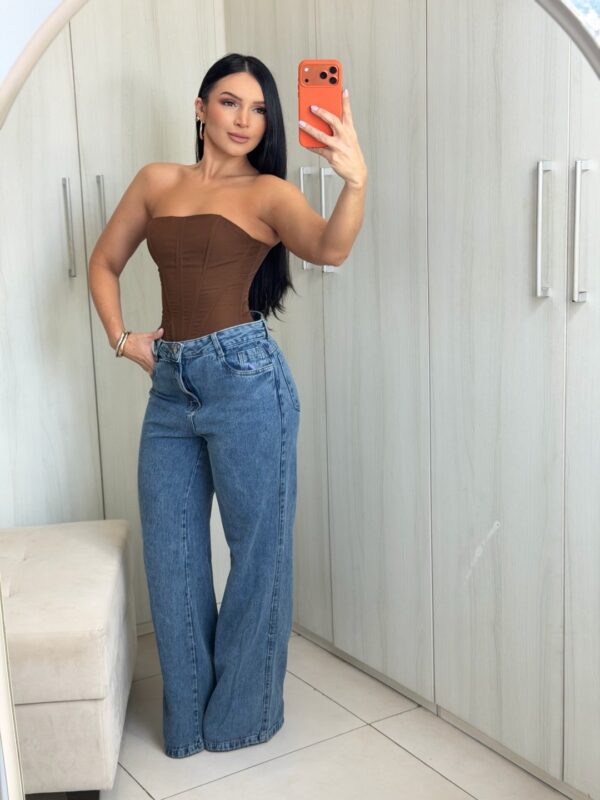 Calça Wide Leg Jeans Médio Reta