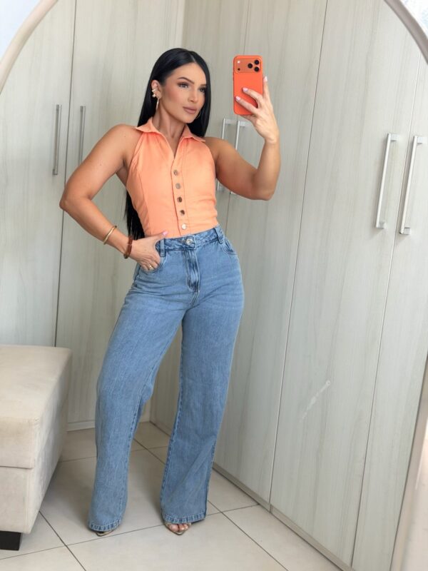 Calça Wide Leg Jeans Médio Reta