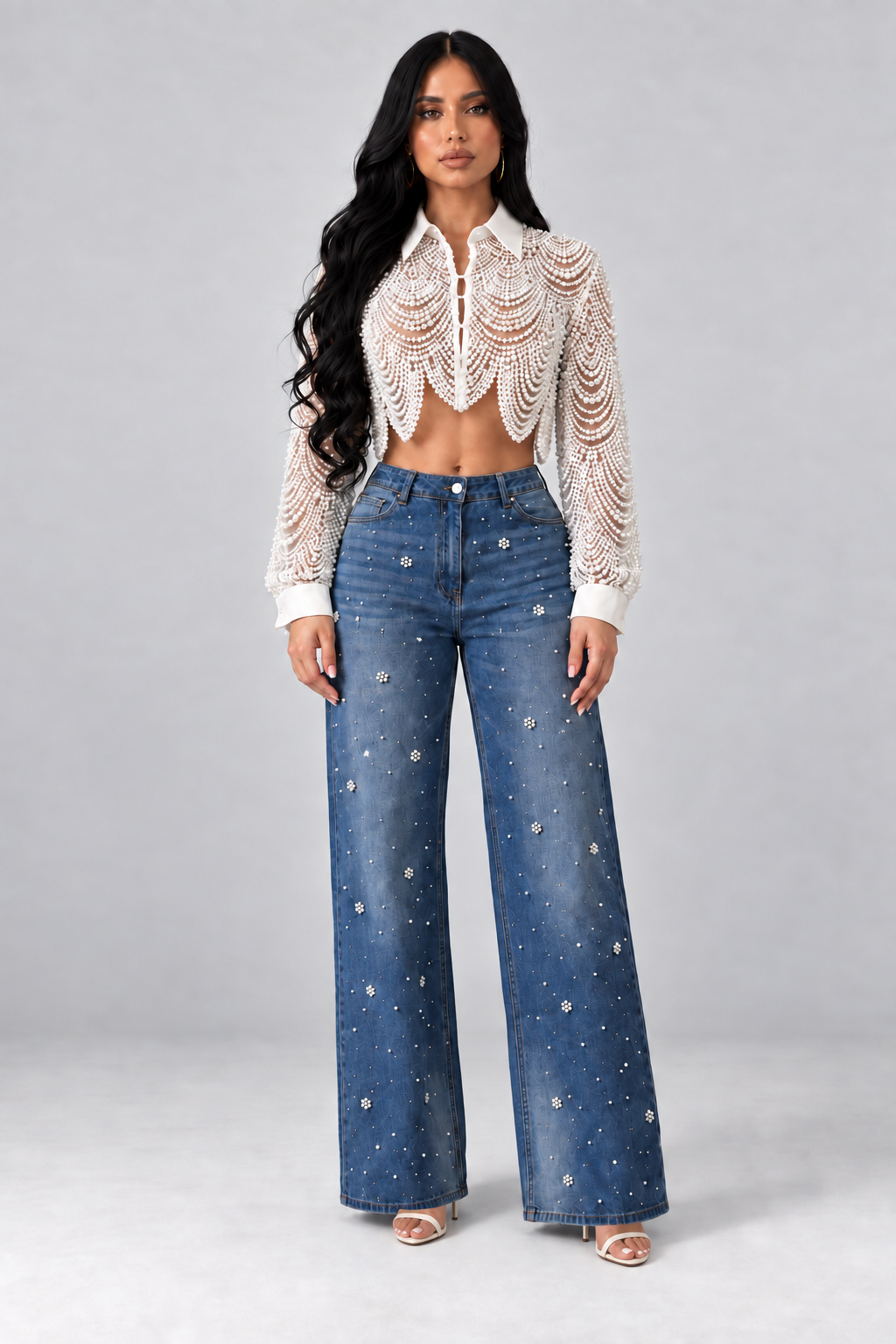 Calça Jeans Wideleg Perolada