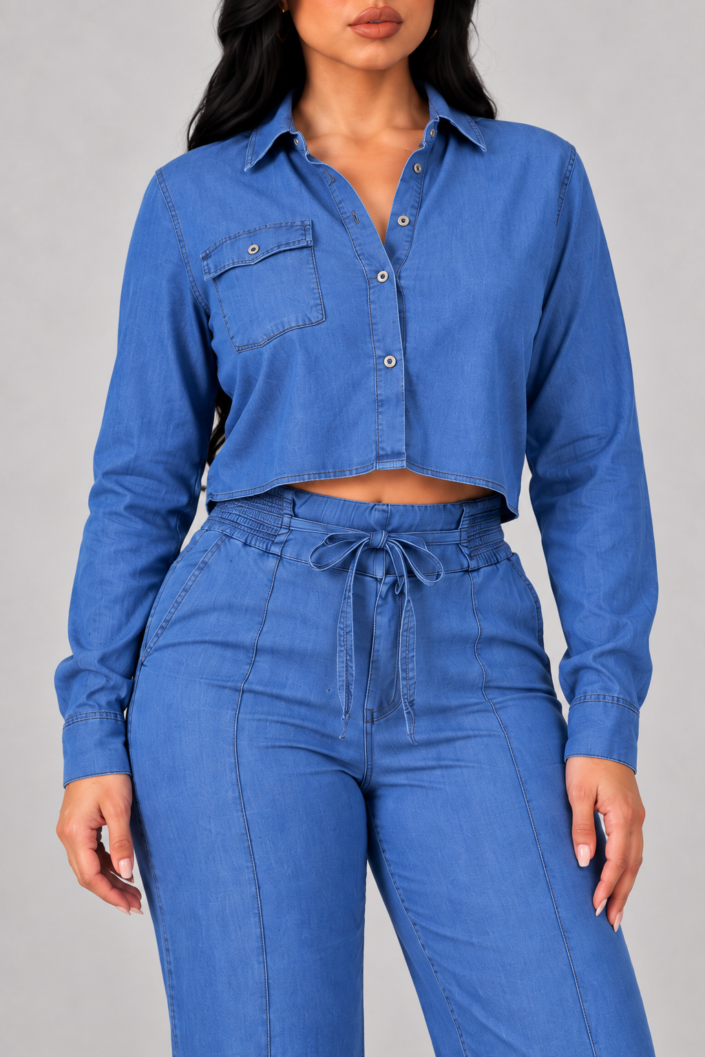 Conjunto Jeans Camisa Cropped e Calça Wide Leg Amarração