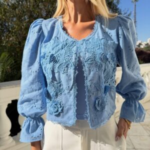 Blusa Azul Flores Manga Bufante
