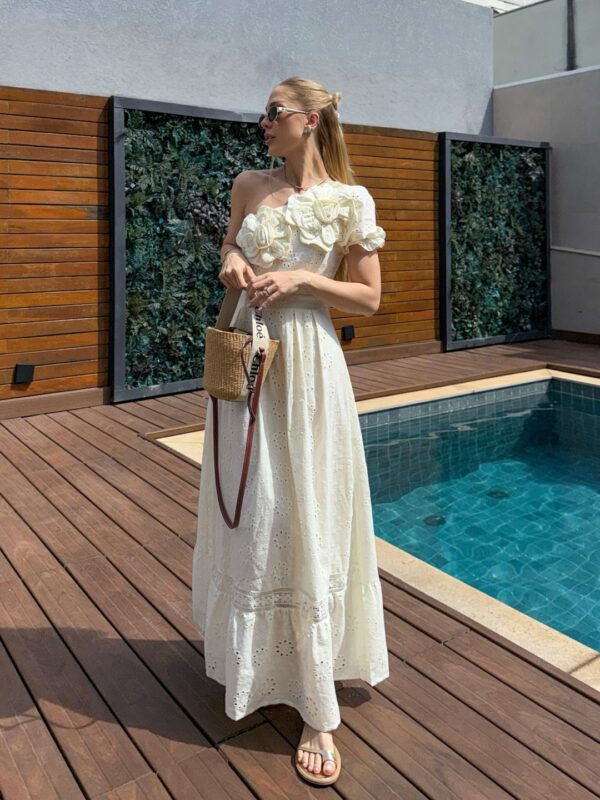 Vestido Longo Laise Flores Um Ombro