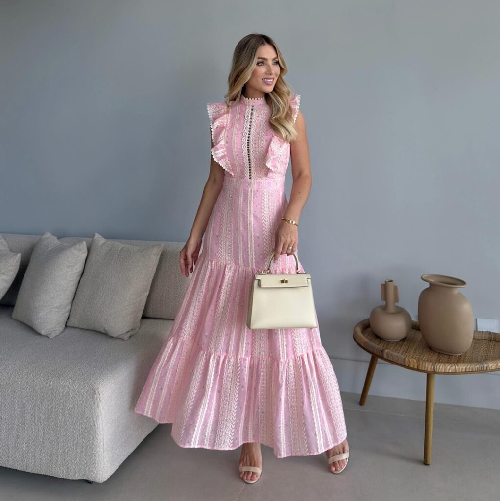 Vestido Longo Rosa Babados