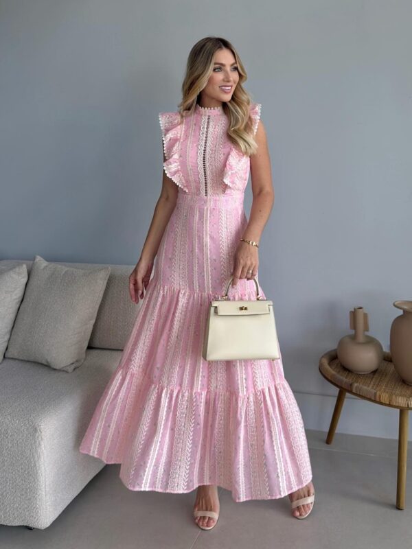 Vestido Longo Rosa Babados