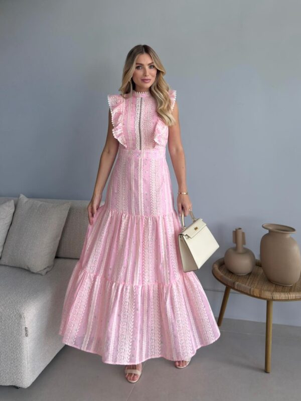Vestido Longo Rosa Babados