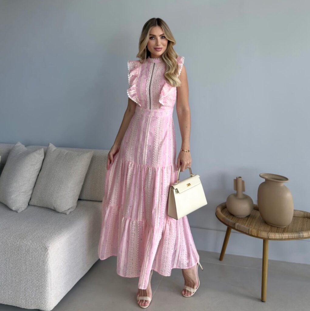 Vestido Longo Rosa Babados